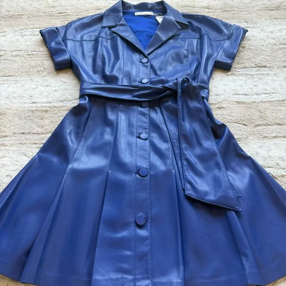 Alice + Olivia Shirley Faux-Leather Mini Shirtdress in Royal Size 2 - Picture 5 of 16